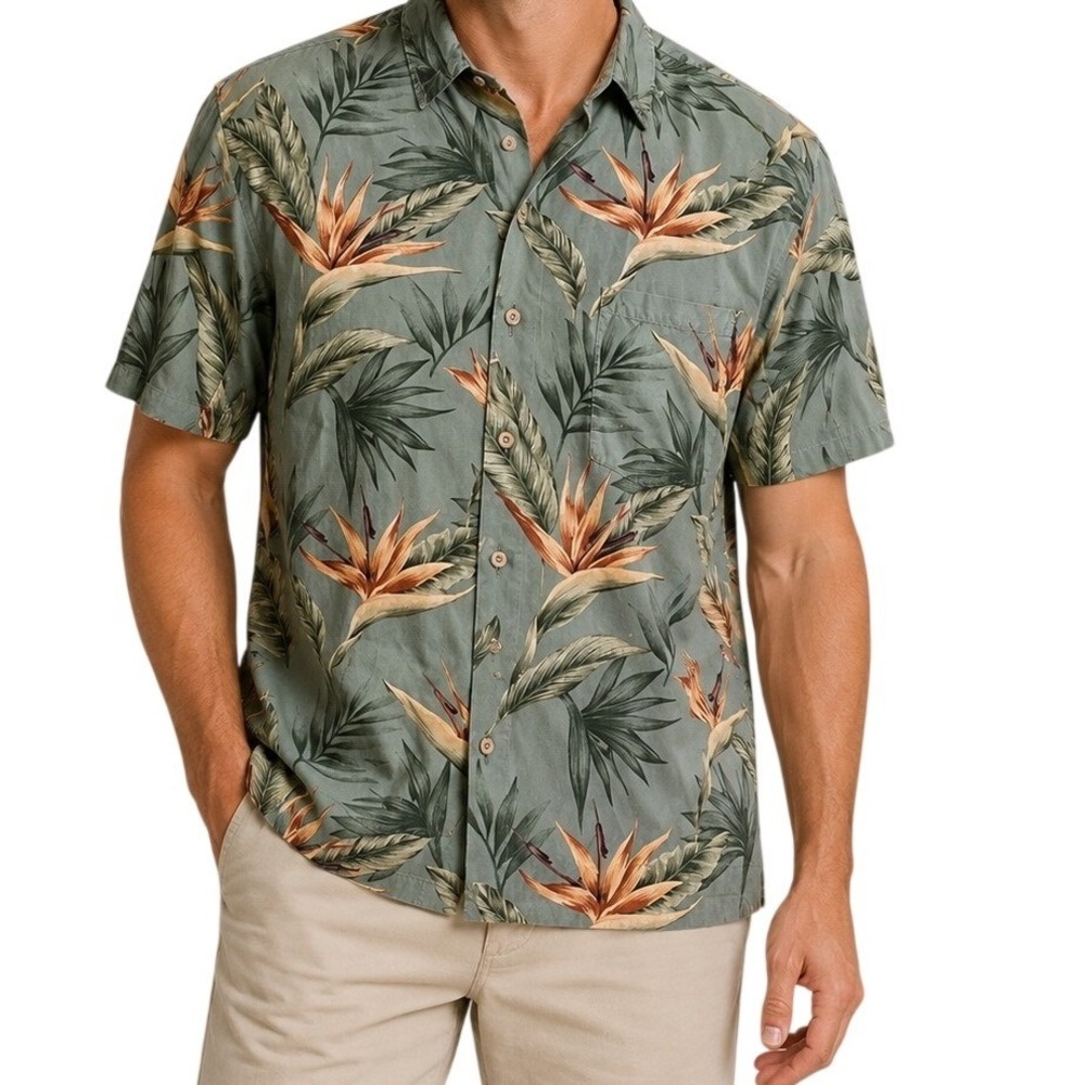 Paradise Found Mens Hawaiian Shirt Bird of Paradise Floral Rayon Sage Green L